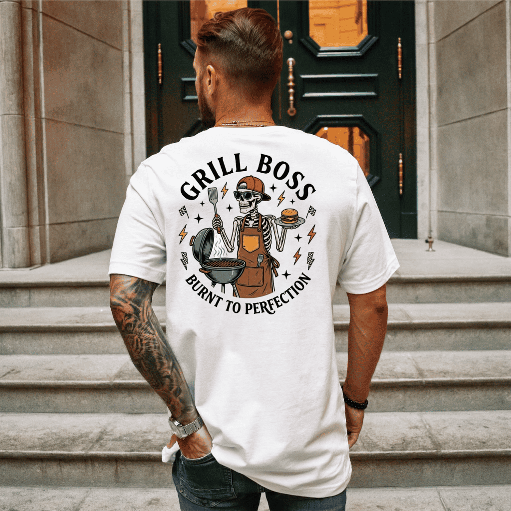 Grill Boss Burnt to Perfection T-Shirt – Funny Father's Day Gift for Dad, BBQ Skeleton Tee - lifestyle view